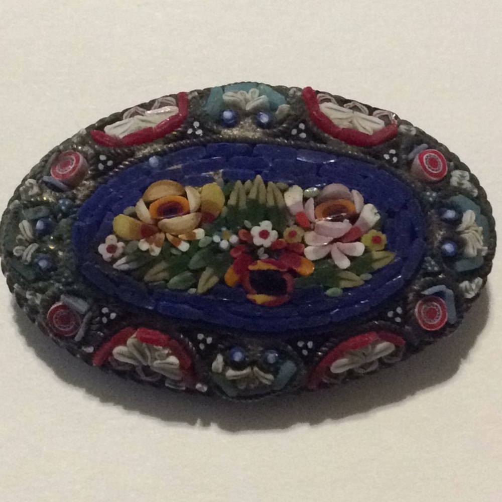 Antique Italian Mosaic Micro Glass Dress Pin.